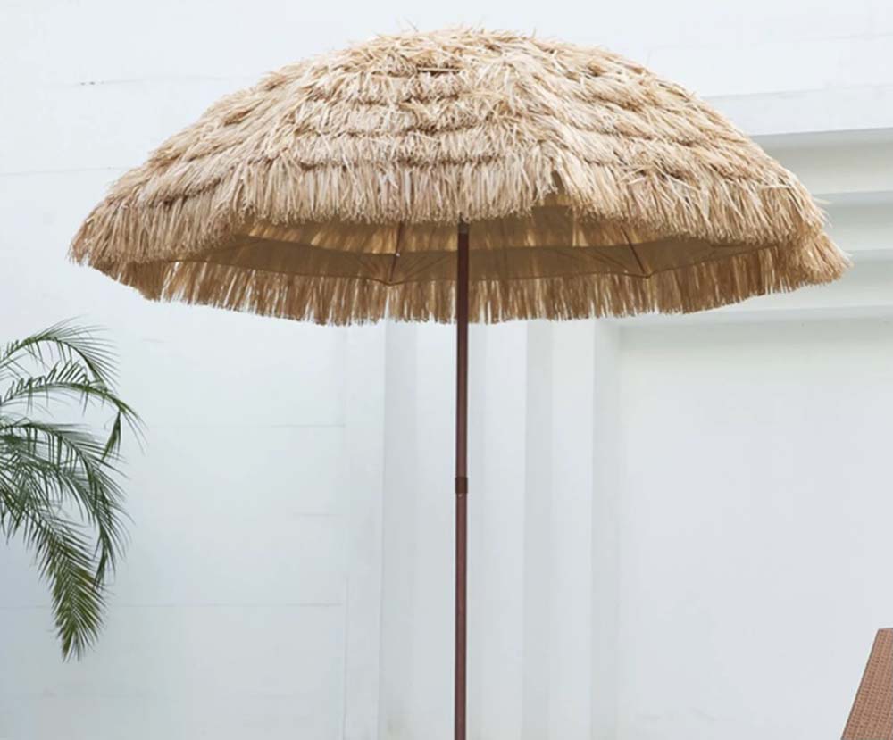 Fabulous huge straw Hawaiian pristine full size umbrella mid store century